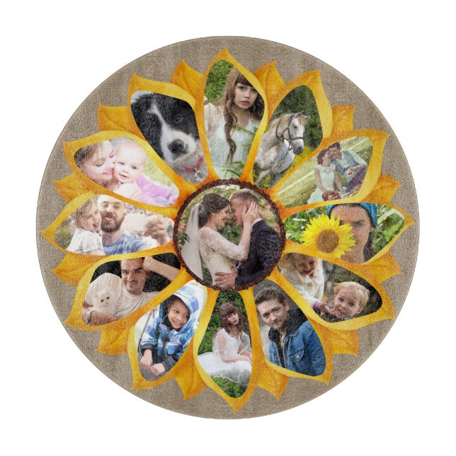 Family Photo Collage Sunflower Burlap 13 Pics Easy Cutting Board (Front)