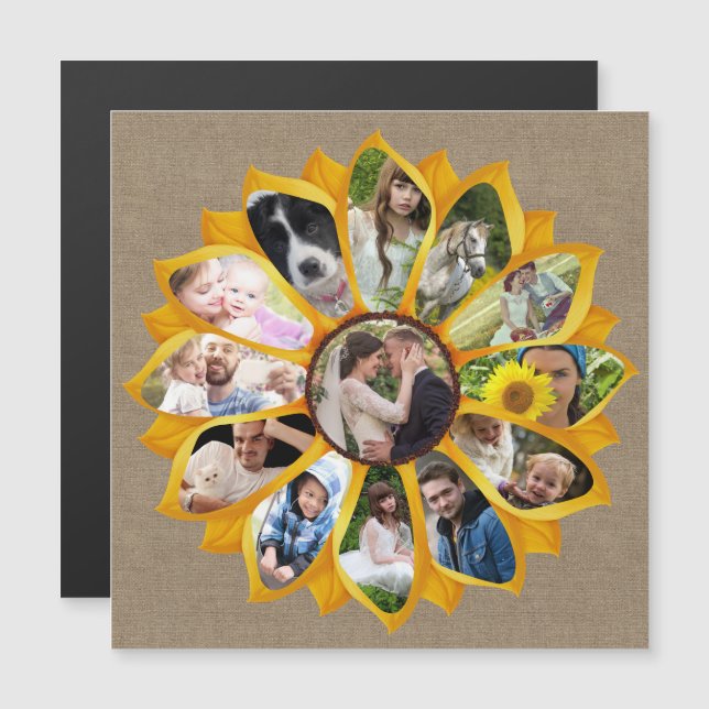 Family Photo Collage Sunflower Burlap 13 Pics Easy Magnetic Invitation (Front/Back)