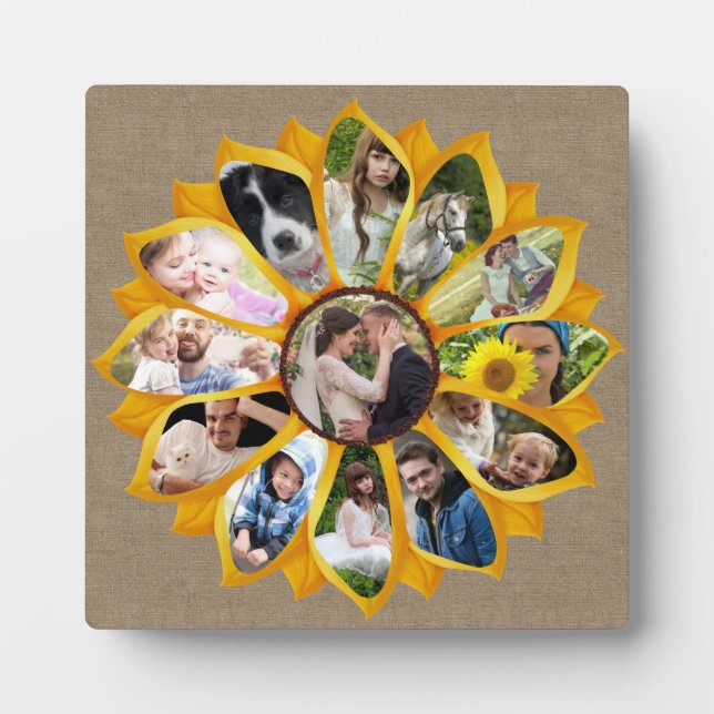 Family Photo Collage Sunflower Burlap 13 Pics Easy Plaque (Front)