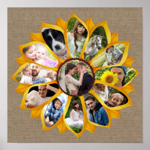 Family Photo Collage Sunflower Burlap 13 Pics Easy Poster