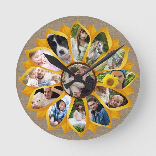 Family Photo Collage Sunflower Burlap 13 Pics Easy Round Clock (Front)