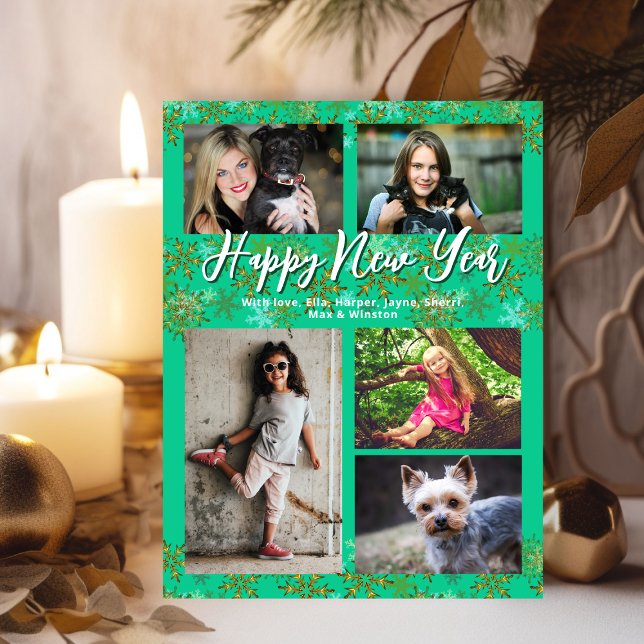 Family Photo Collage Turquoise New Years Greeting Holiday Postcard (Creator Uploaded)