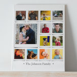 Family Photo Collage White Faux Canvas Print<br><div class="desc">Customise this faux canvas with 13 square photos arranged in a grid collage layout,  with one large image and the remainder small. Add your family name or custom caption along the bottom in chic grey.</div>