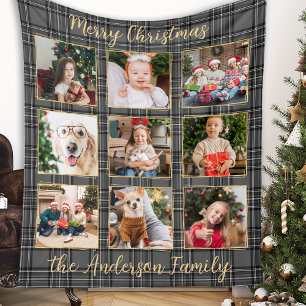 Family Photo Collage Winter Grey Patchwork Plaid Fleece Blanket