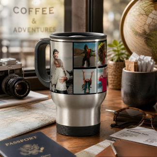 Family Photo Collage with 6 Photos and Custom Text Travel Mug