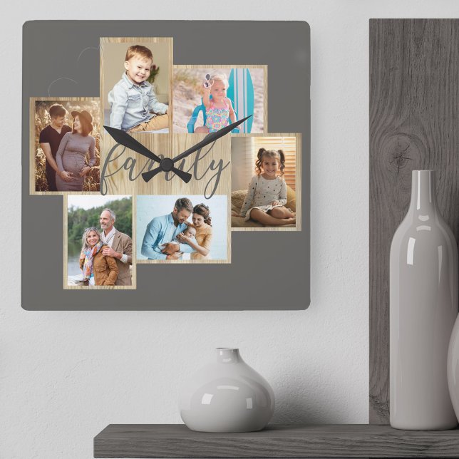 Family Photo Collage Wood Grain Border Warm Gray Square Wall Clock (Family photo collage holding 6 of your family pictures)