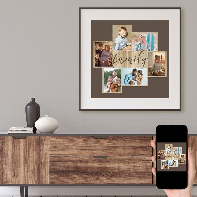 Family Photo Collage Wood Look Frame Brown Poster (Creator Uploaded)