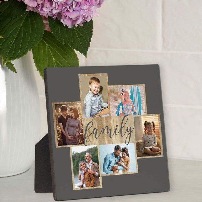 Family Photo Collage Woodgrain Border Warm Grey Plaque (Creator Uploaded)