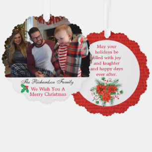 Family Photo Custom Name Christmas Red & Green Tree Decoration Card