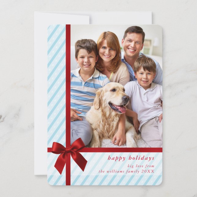 FAMILY PHOTO cute wrapped up red ribbon bow blue Holiday Card (Front)