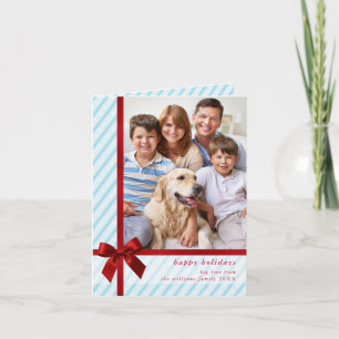 FAMILY PHOTO cute wrapped up red ribbon bow blue Holiday Card