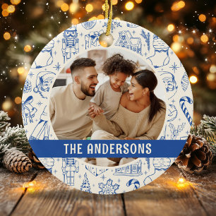 Family Photo Doodle Blue Christmas Ceramic Ornament