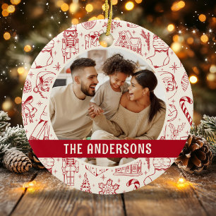 Family Photo Doodle Red Christmas Ceramic Ornament