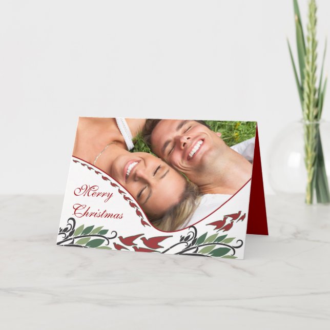 Family Photo Elegant Birds Art Nouveau Holiday Card (Front)