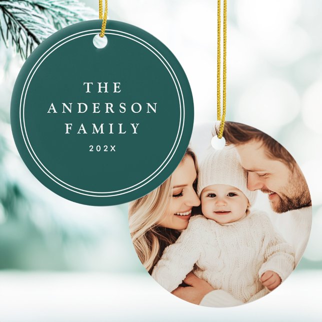 Family photo elegant border name year pine green ceramic ornament (Family photo elegant border name year pine green ceramic ornament)