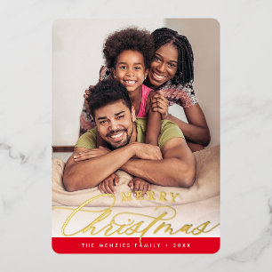 FAMILY PHOTO elegant calligraphy red gold Foil Holiday Card