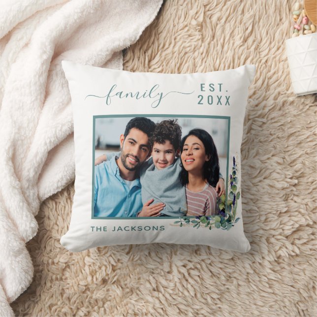Family photo eucalyptus greenery white name cushion (Blanket)