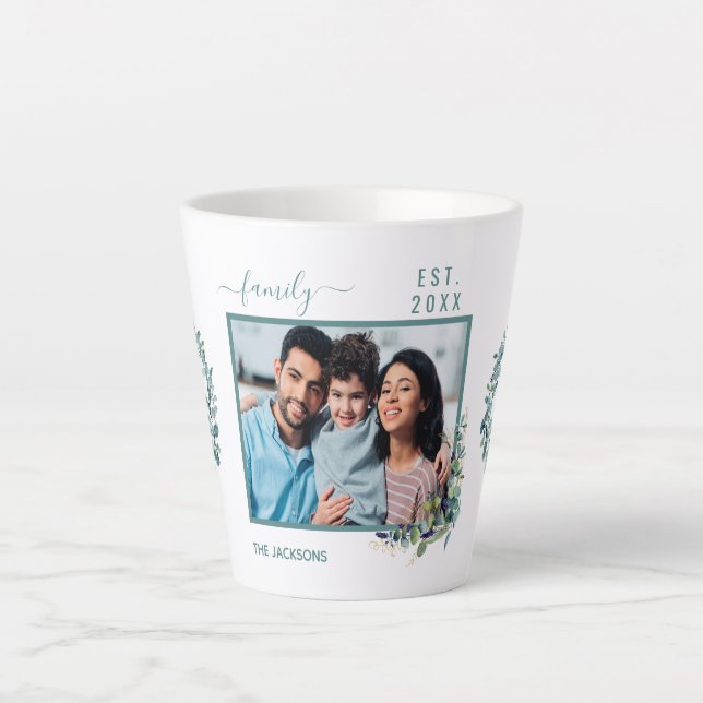 Family photo eucalyptus greenery white name latte mug (Front)