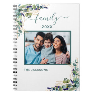 Family photo eucalyptus greenery white name notebook