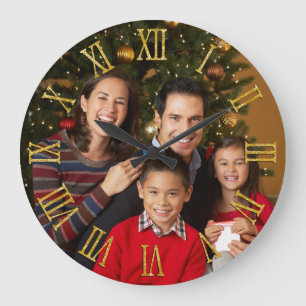 Family Photo Faux Gold Glitter Roman Numerals Large Clock