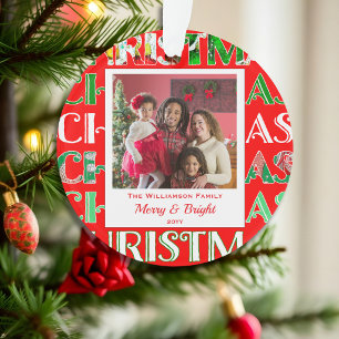 Family Photo Festive Retro Red Christmas Ornament