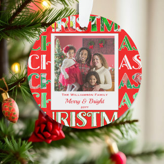 Family Photo Festive Retro Red Christmas Ornament