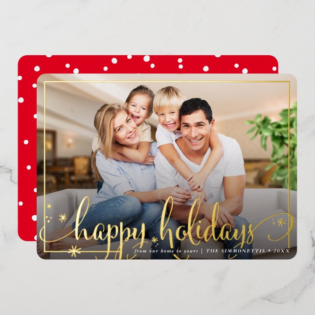 FAMILY PHOTO fun calligraphy Happy Holidays gold Foil Holiday Card (Front/Back)