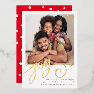 FAMILY PHOTO fun elegant calligraphy JOY gold tall Foil Holiday Card