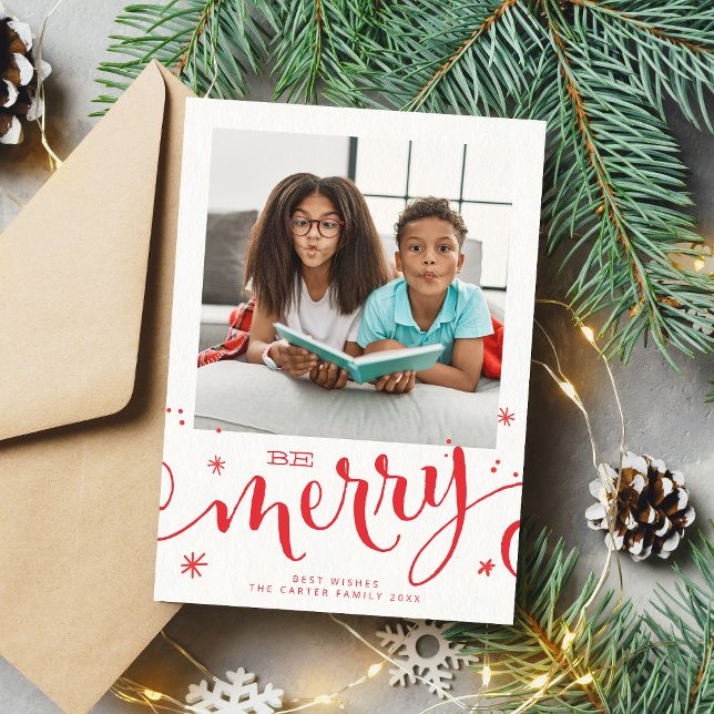 FAMILY PHOTO fun kids modern merry calligraphy red Announcement (Creator Uploaded)