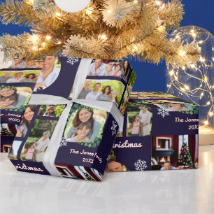Family Photo Gallery Dark Blue Custom Christmas Wrapping Paper