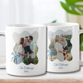 Family Photo Gift for Mum 2-Photo Blue Bow Coffee Mug