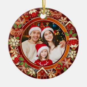 Family Photo, Gingerbread & Poinsettia Holiday Ceramic Ornament