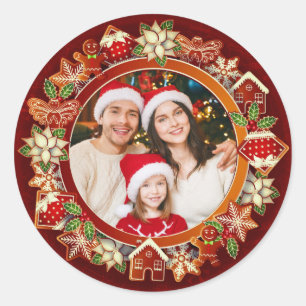 Family Photo, Gingerbread & Poinsettia Holiday Classic Round Sticker