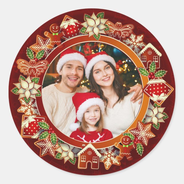 Family Photo, Gingerbread & Poinsettia Holiday Classic Round Sticker (Front)
