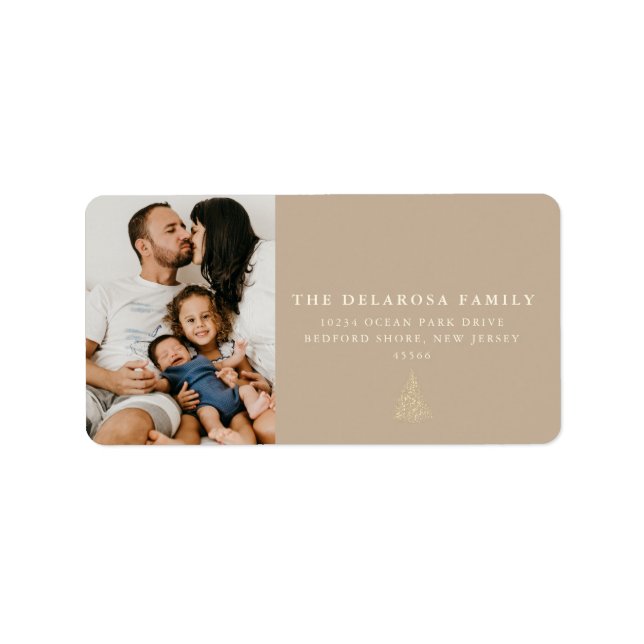 Family Photo Gold Christmas Tree Kraft  Label (Front)