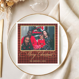 Family Photo & Gold Script Merry Christmas Party Napkin