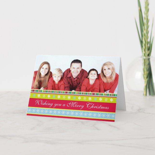 Family photo graphic pattern red green christmas holiday card (Front)