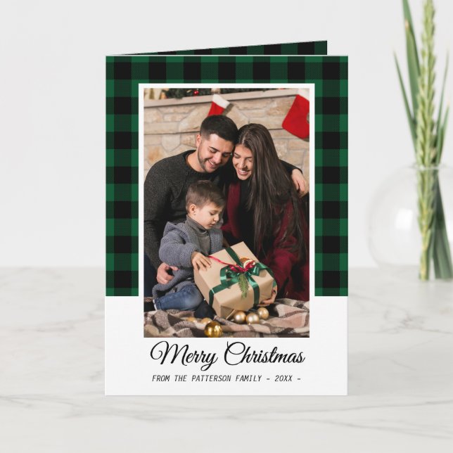 Family Photo Green Buffalo Plaid Merry Christmas Card (Front)