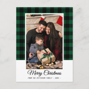 Family Photo Green Buffalo Plaid Merry Christmas Postcard