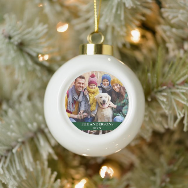 Family Photo Green Ceramic Ball Christmas Ornament (Tree)