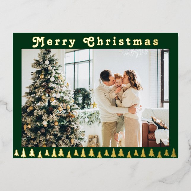 Family photo green Christmas  Foil Holiday Postcard (Front)