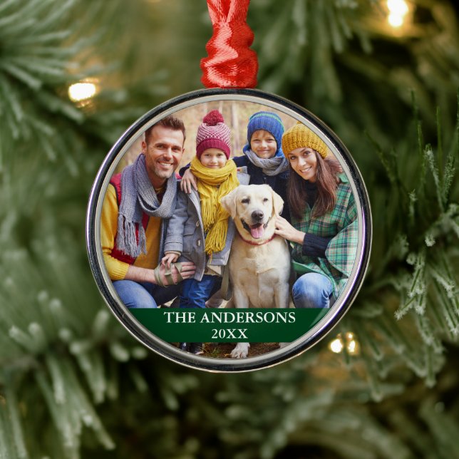 Family Photo Green Metal Ornament (Tree)