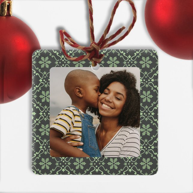 Family Photo Green Snowflake Christmas Ceramic Ornament (A simple festive green snowflake pattern on the back with an editable grey background. )