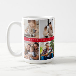 Family Photo Grid Red Happy Holidays band Custom Coffee Mug