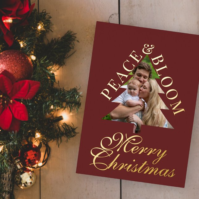 Family photo handwritten script burgundy real (Family photo handwritten script burgundy real foil christmas card )