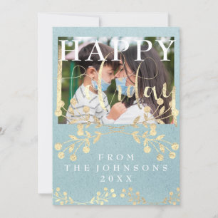 Family Photo Happy Holiday Rustic Blue Kraft Card