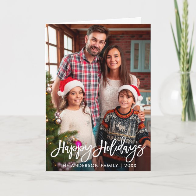 Family Photo Happy Holidays Brush Script Fold Holiday Card (Front)