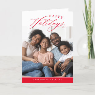 FAMILY PHOTO Happy Holidays cute calligraphy red  Holiday Card