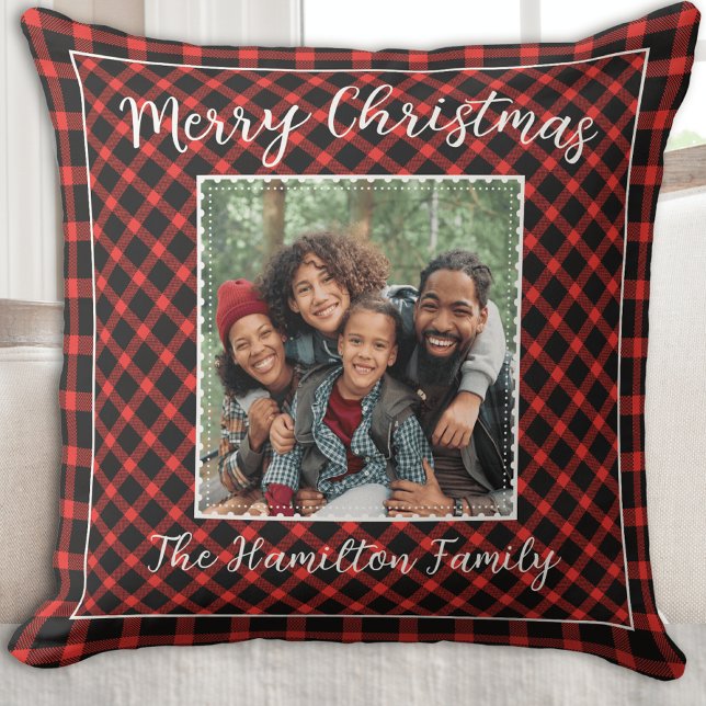 Family Photo Holiday Red Buffalo Plaid Cushion (Merry Christmas Family Photo in Red Plaid)