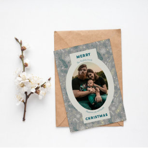 Family photo in grey floral doodle holiday card